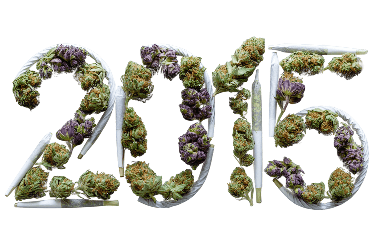 2015 spelled out in cannabis buds and pre-rolls