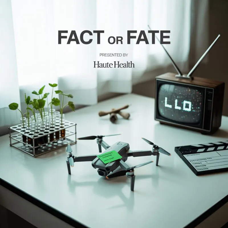 Fact or Fate — Presented by Haute Health Fact or Fate hero still life with lab vials, drone, and retro TV