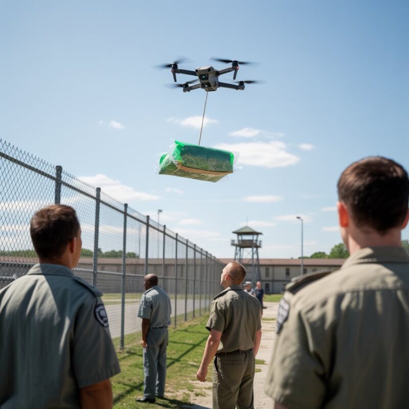 Drone Drop Over Prison Yard — Ohio Drone releasing a green parcel above a prison yard