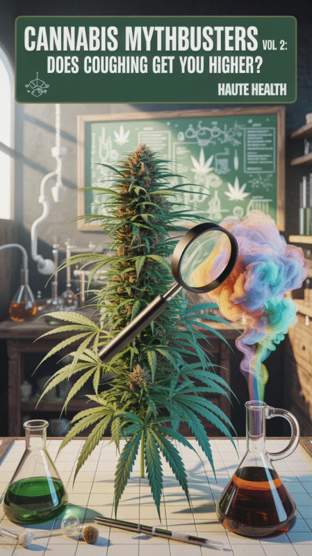 A large cannabis plant under a magnifying glass in a laboratory setting, with colorful smoke swirling beside it. The background features chalkboard diagrams of cannabis molecules and leaves, along with glass beakers and lab equipment. The text reads: “Cannabis Mythbusters Vol. 2: Does Coughing Get You Higher?” by Haute Health.