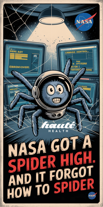 Cartoon-style poster of a wide-eyed spider in a NASA spacesuit sitting between two computer screens with garbled text, looking confused. Text on the image says "NASA got a spider high. And it forgot how to spider