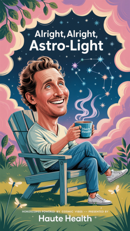 A whimsical cartoon illustration of a relaxed man resembling Matthew McConaughey sitting in a Muskoka chair, holding a steaming mug labeled "Haute Health" under a dreamy night sky with glowing constellations and colorful clouds.