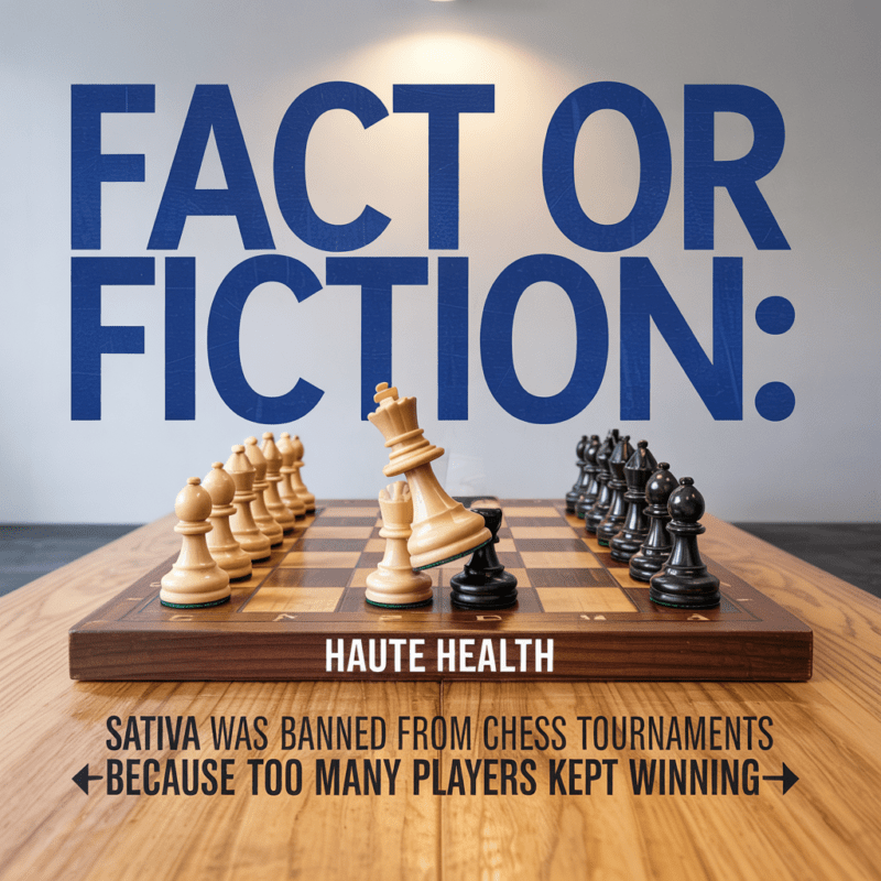A high-res photo of a chessboard mid-game with a toppled king piece. The large text above reads: “FACT OR FICTION” with smaller text below: “Sativa was banned from chess tournaments because too many players kept winning.” The Haute Health logo sits at the base of the image.