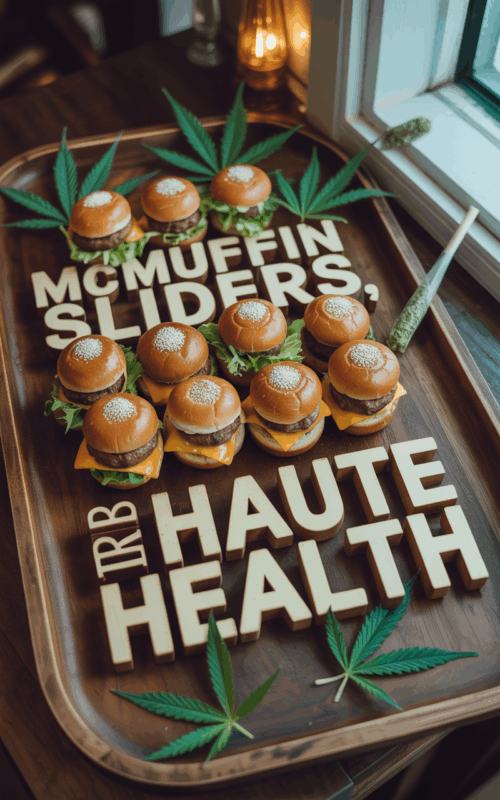 Mini THC breakfast sliders on a wooden tray with cannabis leaves and "McMuffin Sliders, Haute Health" spelled out in bold letters.