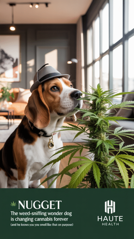 A beagle wearing a baseball cap sniffs a cannabis plant inside a modern, sunlit living room. Text overlay reads: “Nugget – The weed-sniffing wonder dog is changing cannabis forever (and he knows you smell like that on purpose).” Haute Health logo at the bottom.
