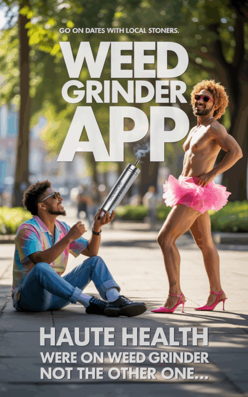 A humorous ad for the Weed Grinder app shows a confused stoner in tie-dye sitting on a park path, holding a large joint, facing a flamboyant man in pink high heels and a tutu, who is confidently posing. Bold text reads: "Weed Grinder App — Go on dates with local stoners." Bottom text adds: "Haute Health — We're on Weed Grinder, not the other one…