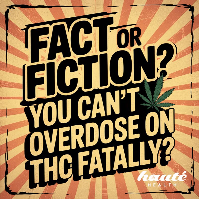 A retro-style poster with red sunburst rays and bold black-and-yellow lettering reads: “FACT OR FICTION? You can’t overdose on THC fatally?” A cartoon weed leaf is integrated into the design with the Haute Health logo at the bottom.