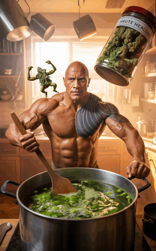 Dwayne "The Rock" Johnson stirring a giant pot in a kitchen, with cannabis buds shaped like bodybuilders lifting weights and a spilled jar labeled “Haute Health” nearby.
