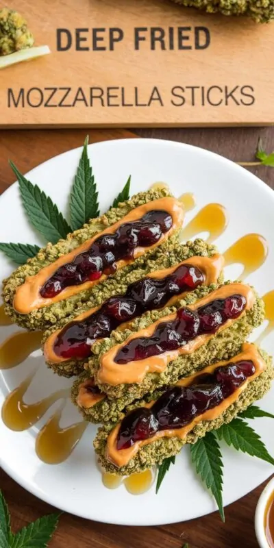 Crispy PB&J mozzarella sticks served with a side of THC-infused berry dipping sauce, dusted with powdered sugar.