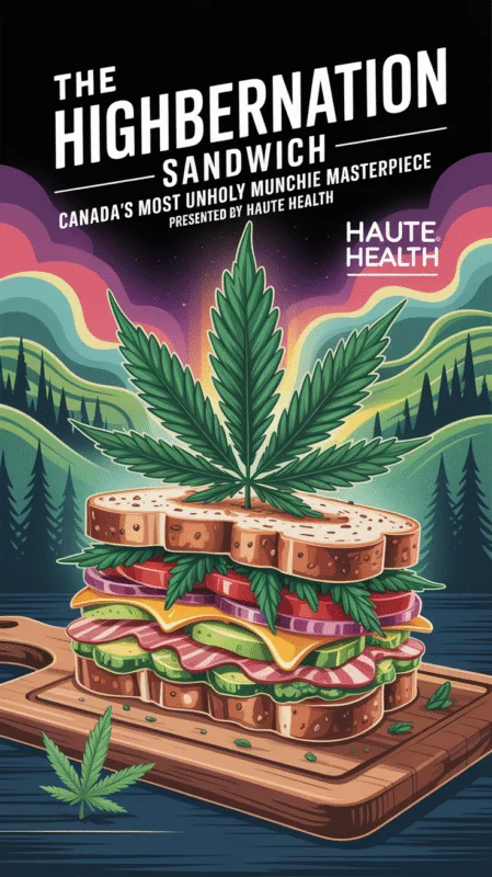 A colorful cartoon-style illustration of a massive sandwich stacked with bacon, cheese, tomato, lettuce, and cannabis leaves, with a giant marijuana leaf on top. The background features stylized Canadian mountains, trees, and a glowing sky. The text reads “The Highbernation Sandwich – Canada’s Most Unholy Munchie Masterpiece – Presented by Haute Health.”