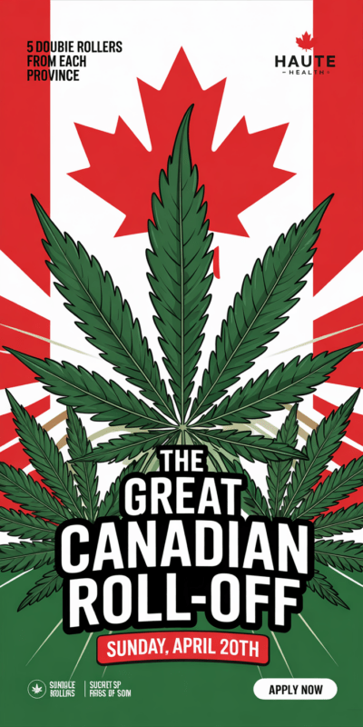 A promotional poster for the “Great Canadian Roll-Off,” featuring a stylized Canadian flag with a large cannabis leaf in the center. The event date is April 20th, and the poster announces a national rolling competition with five participants from each Canadian province.