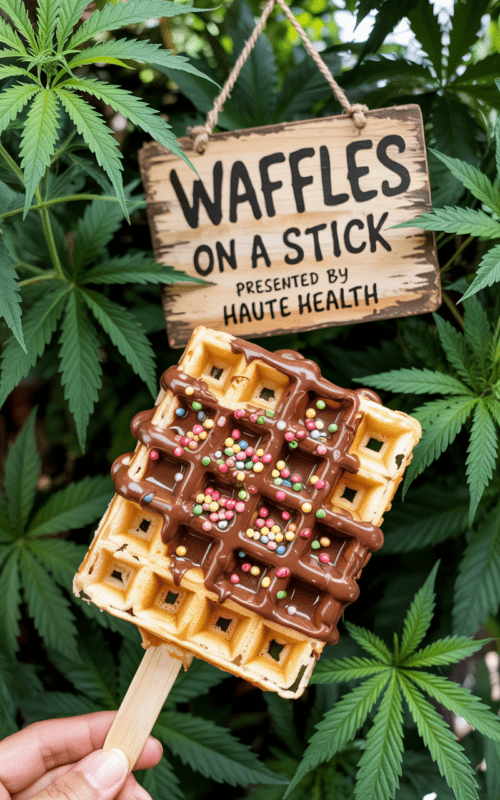 A golden brown waffle on a wooden stick, drizzled with melted chocolate and rainbow sprinkles, held in front of a backdrop of cannabis leaves with a wooden sign reading "WAFFLES ON A STICK PRESENTED BY HAUTE HEALTH."